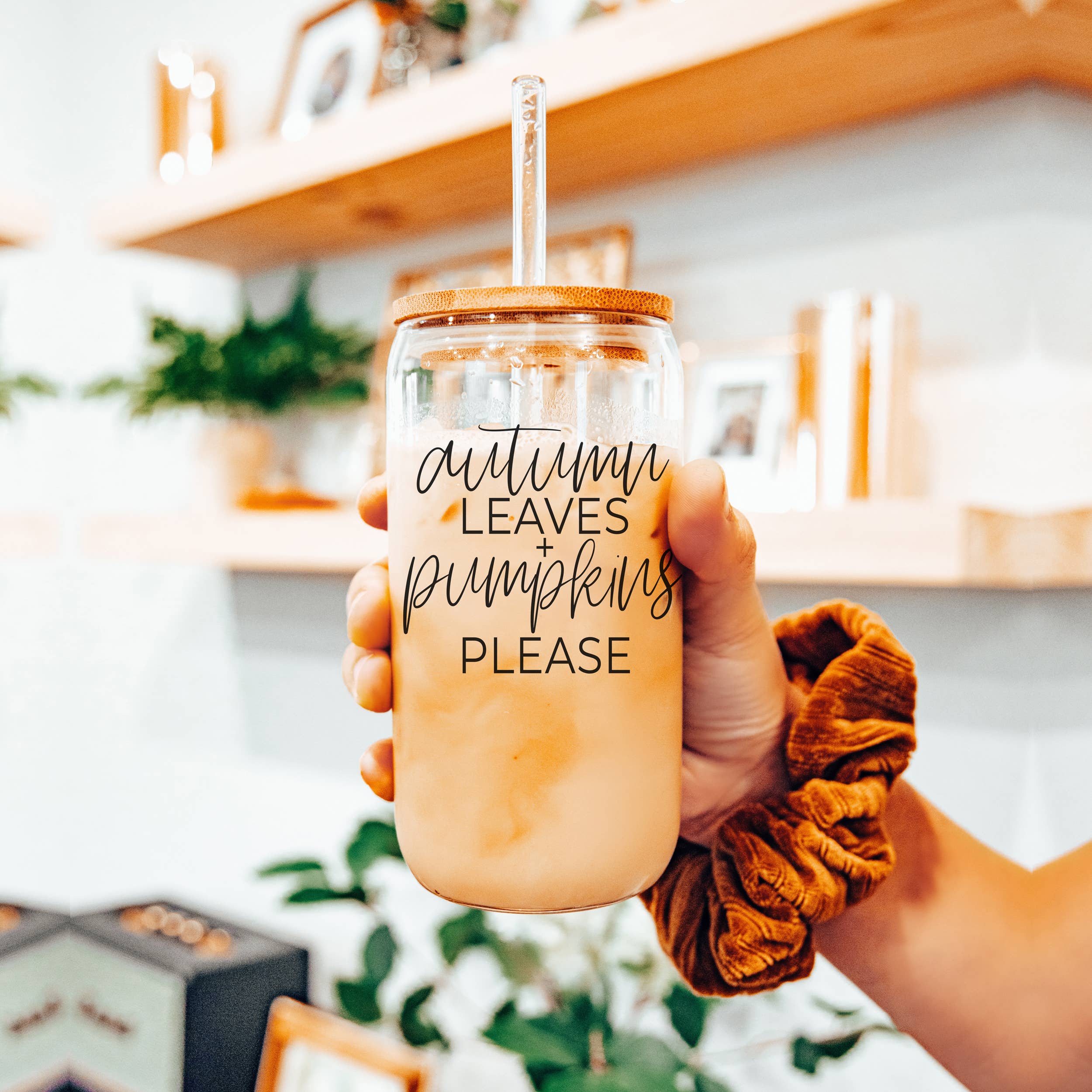 Fall Glass Cup with Bamboo Lid + Reusable Straw